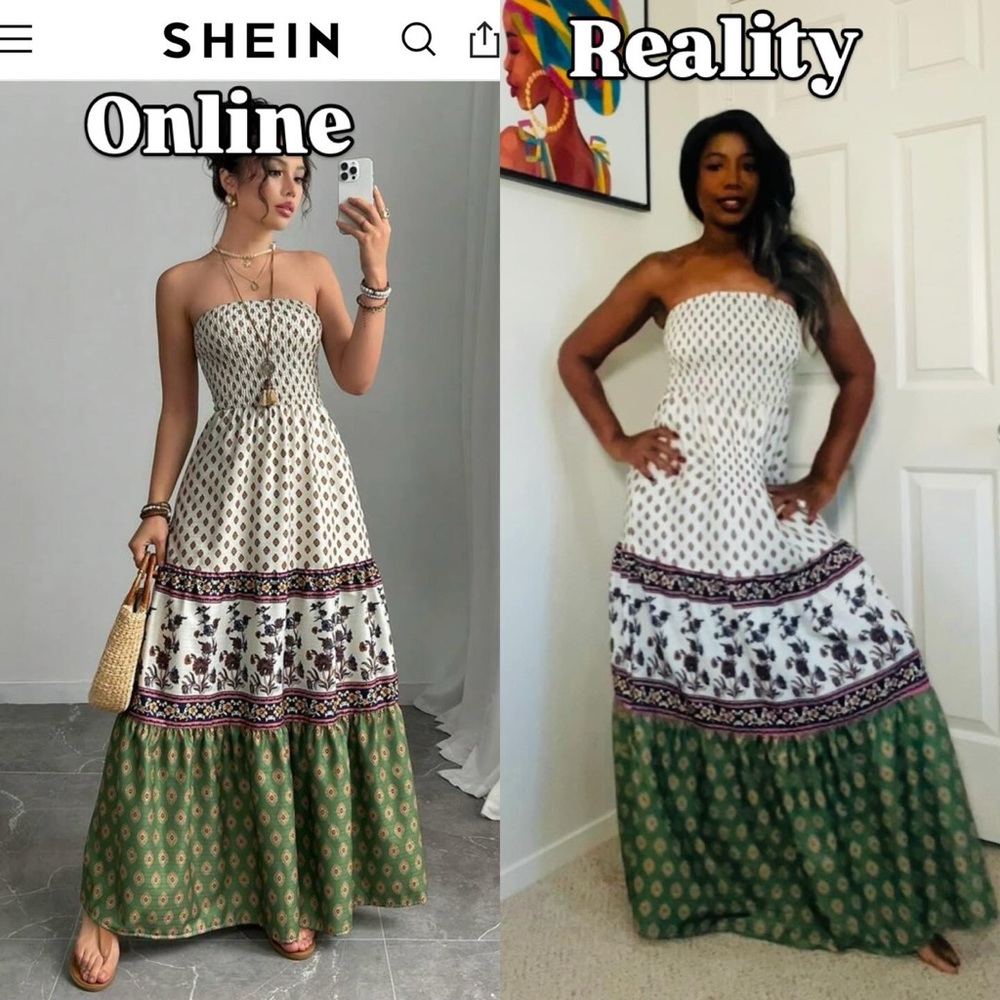 SHEIN Strapless Dress with Green and White Pattern